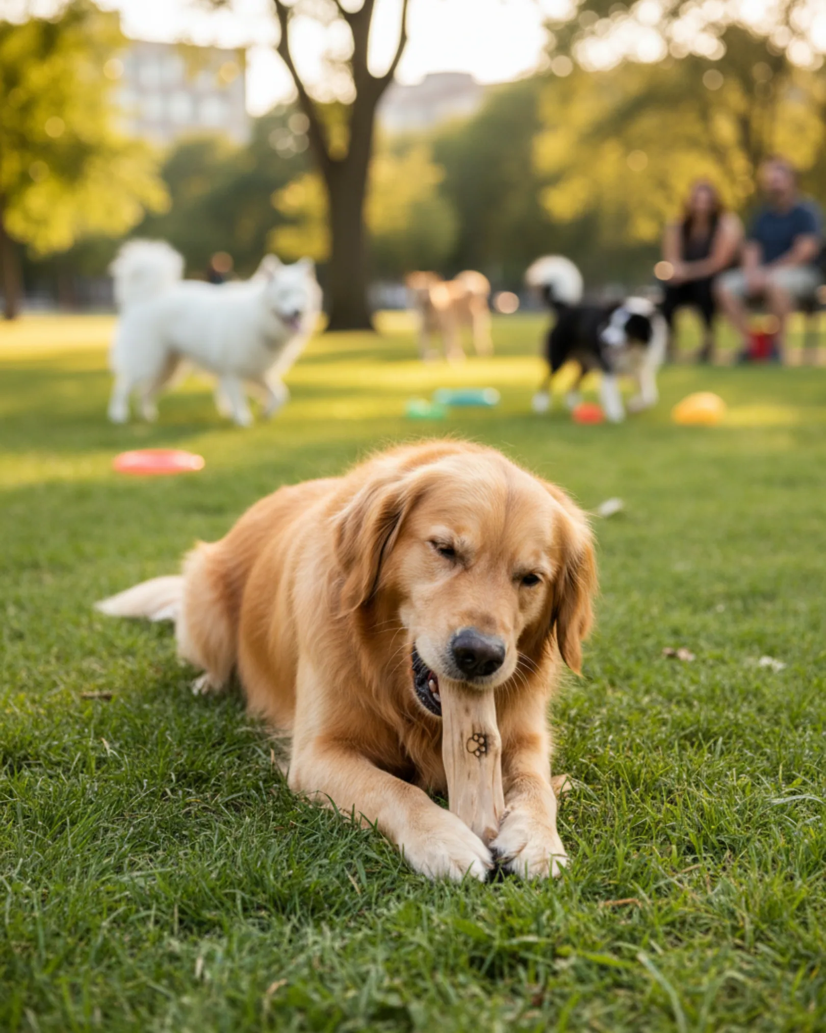 Perro jugando feliz con su palito de café en el parque